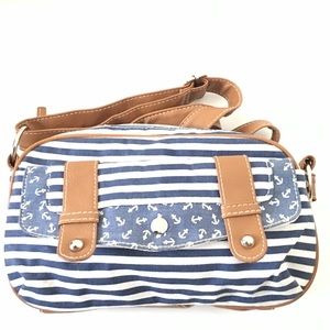 Payless Blue/White Striped Brown Leather Crossbody